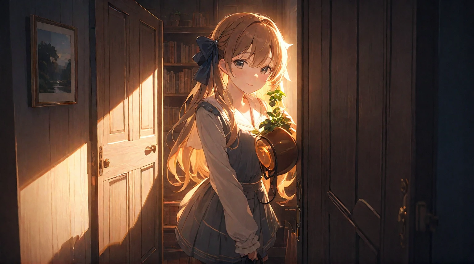 (best quality, 4k, 8K, high resolution, masterpiece: 1.2), Very detailed, (nobody: 1.5), Outside the door,Open door, indoor,cozy indoor, lamp, bookshelf, Potted plants,Sunlight