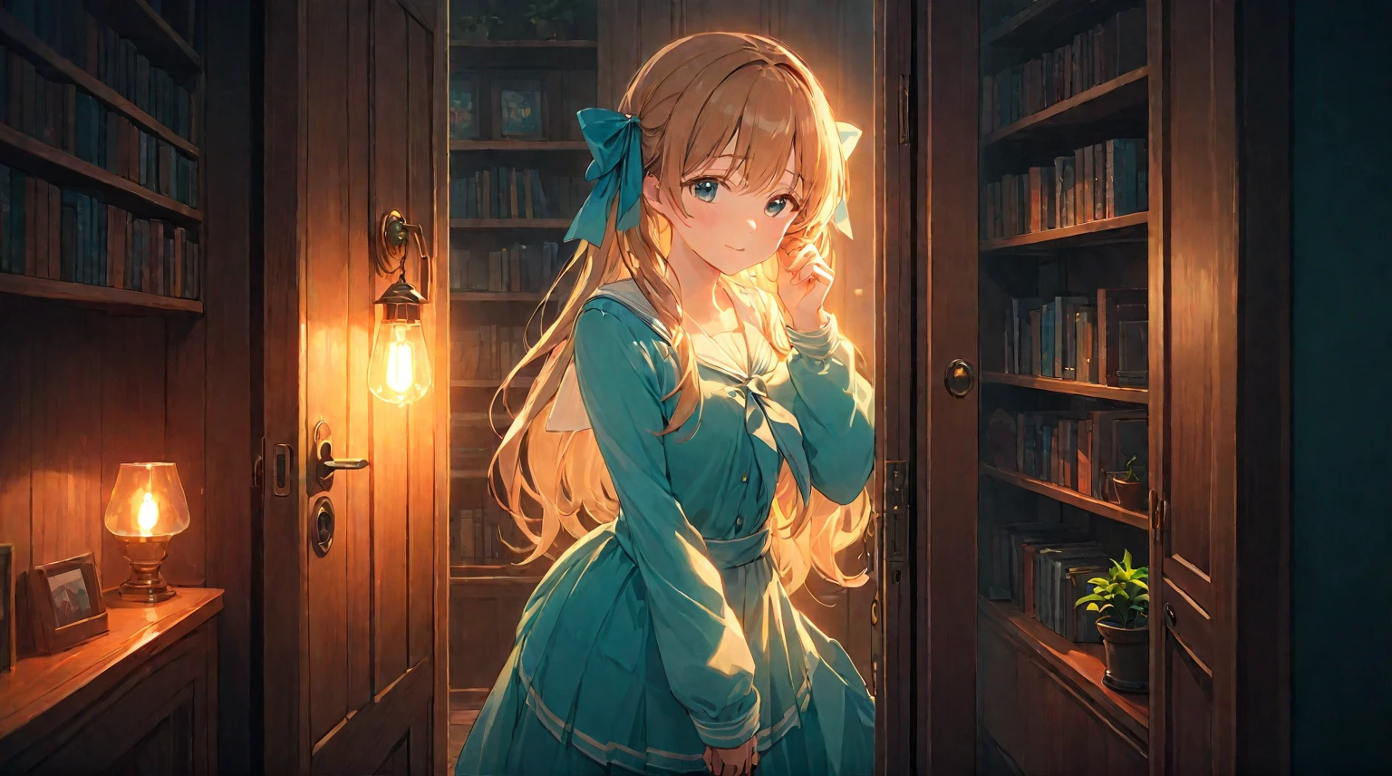 (best quality, 4k, 8K, high resolution, masterpiece: 1.2), Very detailed, (nobody: 1.5), Outside the door,Open door, indoor,cozy indoor, lamp, bookshelf, Potted plants
