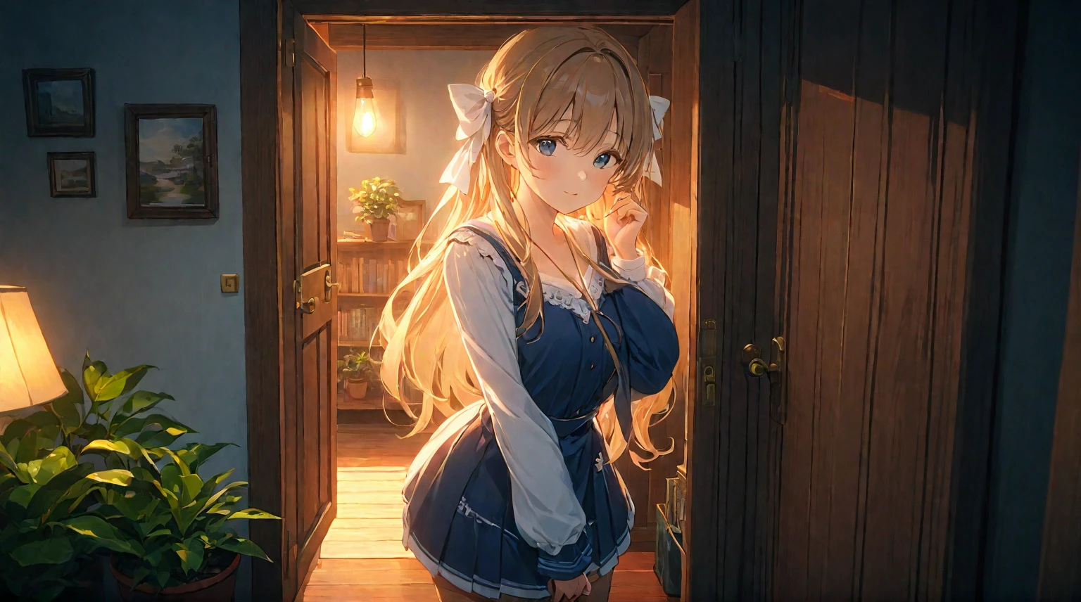 (best quality, 4k, 8K, high resolution, masterpiece: 1.2), Very detailed, (nobody: 1.5), Outside the door,Open door, indoor,cozy indoor, lamp, bookshelf, Potted plants