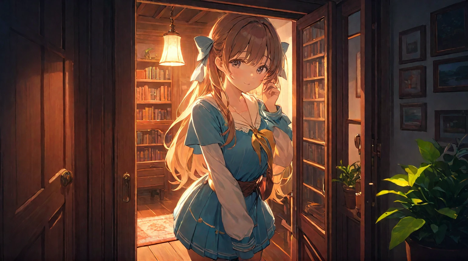 (best quality, 4k, 8K, high resolution, masterpiece: 1.2), Very detailed, (nobody: 1.5), Outside the door，Open door， indoor，cozy indoor, lamp, bookshelf, Potted plants