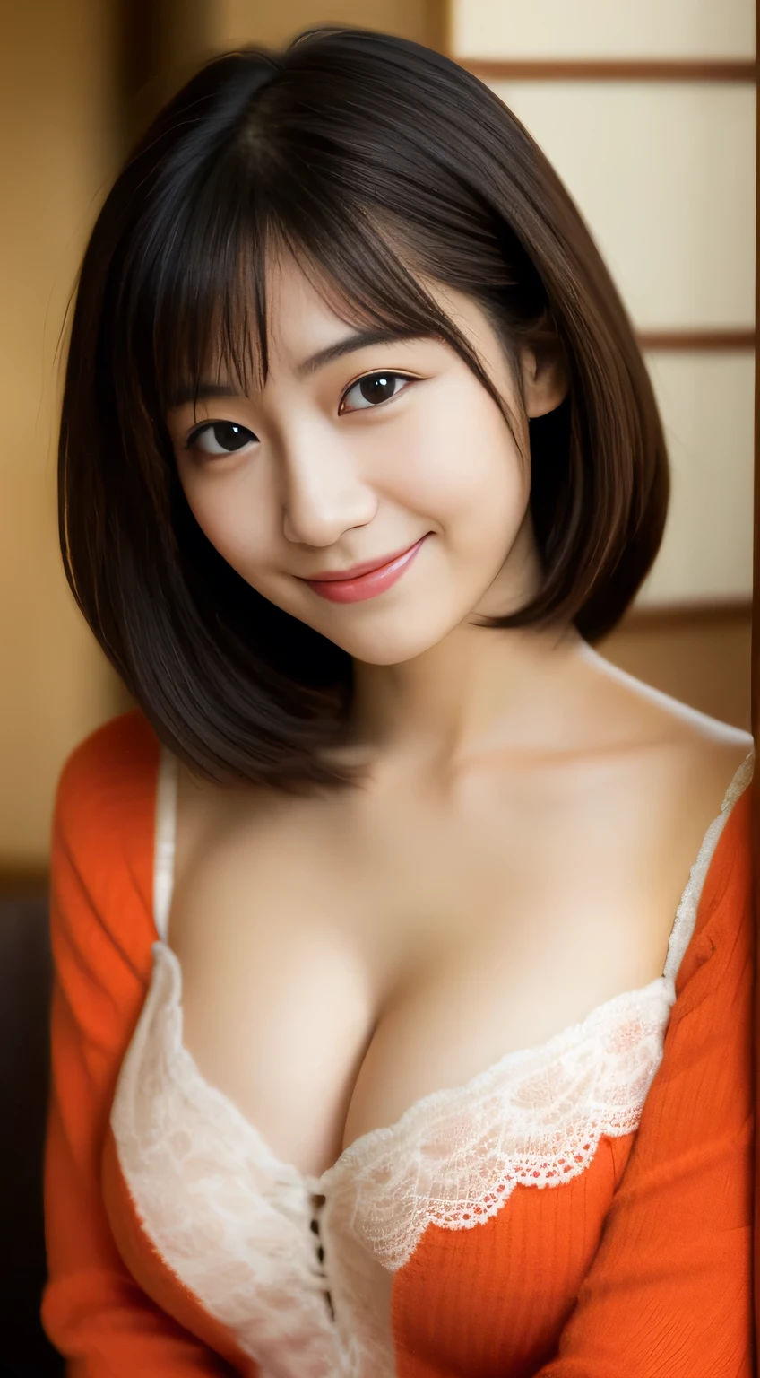 masterpiece,best quality,(Japanese ),((Beautiful girl)),cleavage,indoor,(perfect body beauty:1.2),(shy smile)