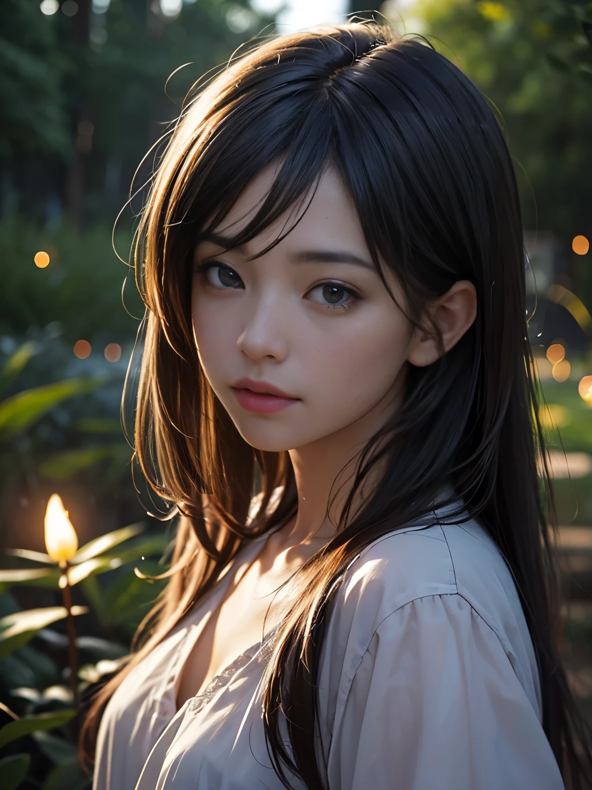 (8k, Highest quality, masterpiece: 1.2), (Realistic, photoRealistic: 1.37), Very detailed, One Girl, Wide viewing angles, Firefly Garden, Small faint lights and fireflies flitting about, night, Yasutomo Oka&#39;s painting style, huge firm bouncing bust, Intricate details, Splash screen, 8K resolution, masterpiece, Gentle smile, Mysterious Background, aura, A gentle gaze, break, blonde, Dynamic sexy pose,