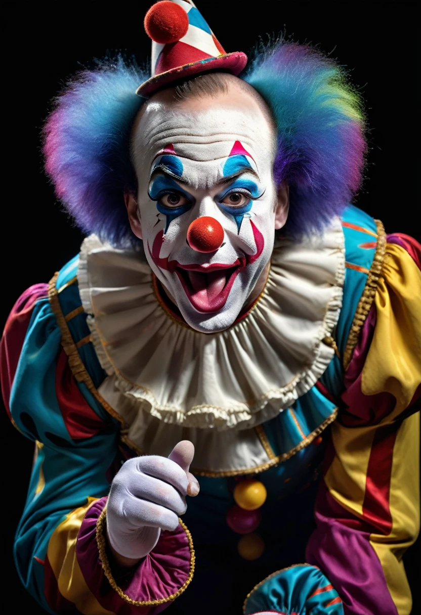photorealistic image of a circus clown bent slightly over. He is forming a large 'OH' with his mouth. Multiple colors of fine powder are emitting from his bottom. He is wearing a classic clown costume. Set against a black background. Hdr, 8k, macro