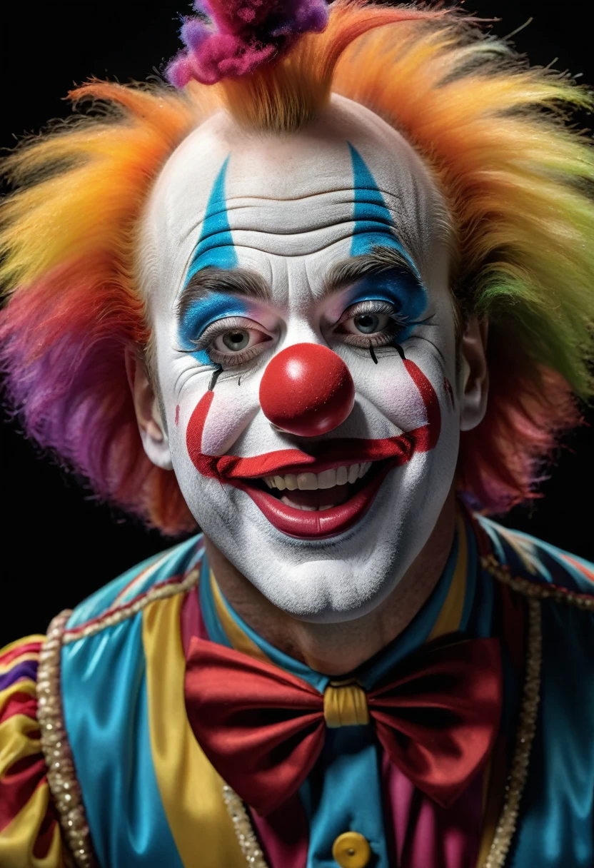 photorealistic image of a circus clown bent slightly over. He is forming a large 'OH' with his mouth. Multiple colors of fine powder are emitting from his bottom. He is wearing a classic clown costume. Set against a black background. Hdr, 8k, macro