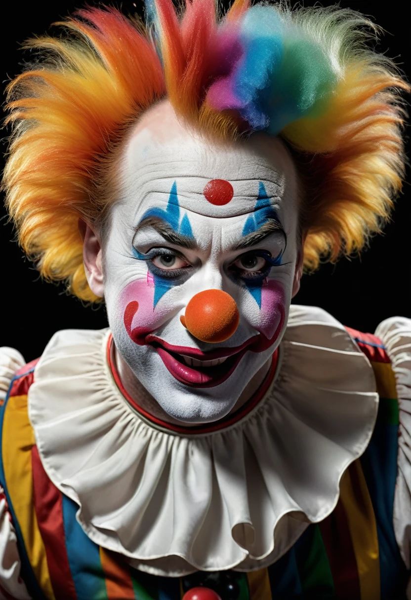 photorealistic image of a circus clown bent slightly over. He is forming a large 'OH' with his mouth. Multiple colors of fine powder are emitting from his bottom. He is wearing a classic clown costume. Set against a black background. Hdr, 8k, macro