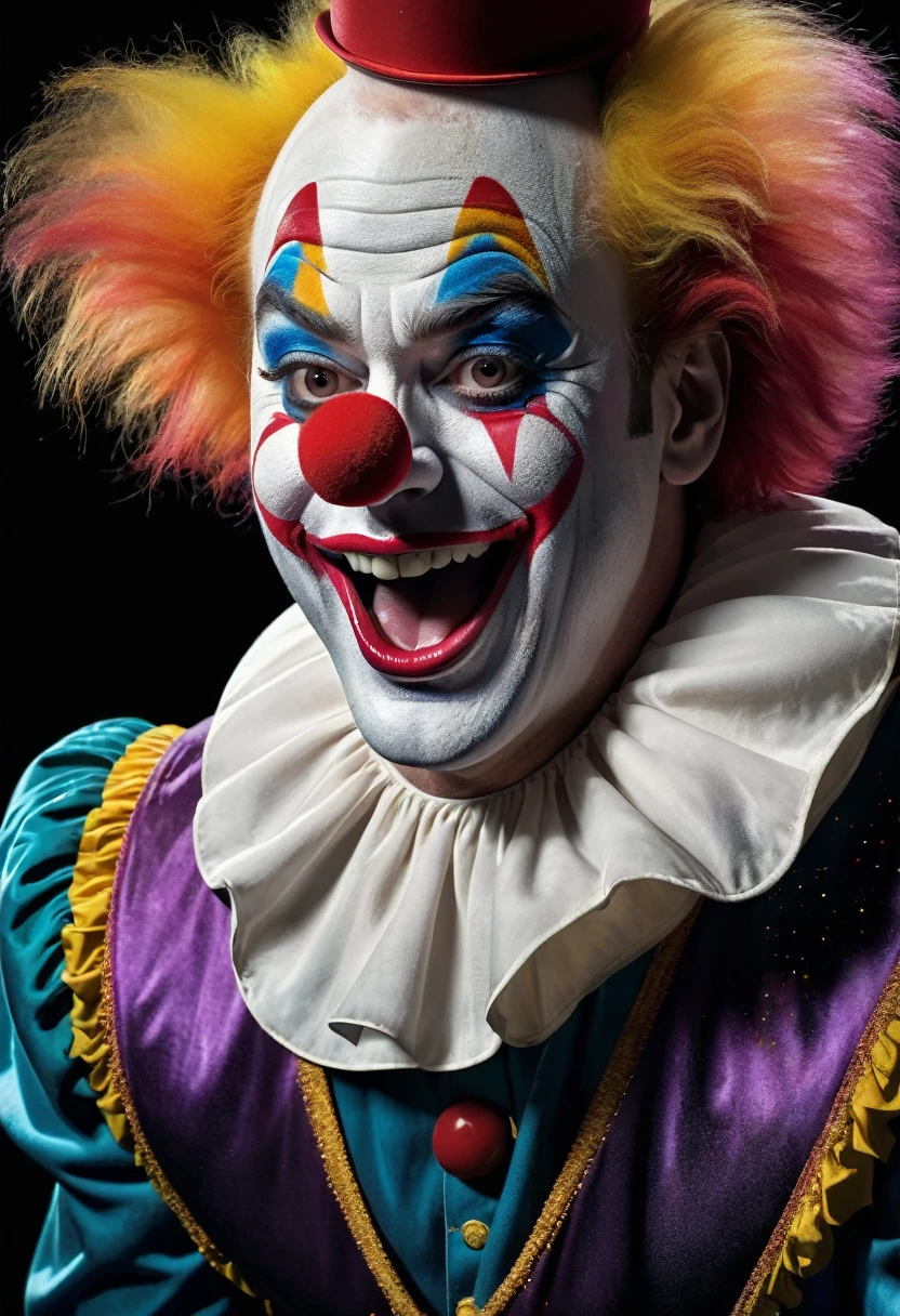 photorealistic image of a circus clown bent slightly over. He is forming a large 'OH' with his mouth. Multiple colors of fine powder are emitting from his bottom. He is wearing a classic clown costume. Set against a black background. Hdr, 8k, macro