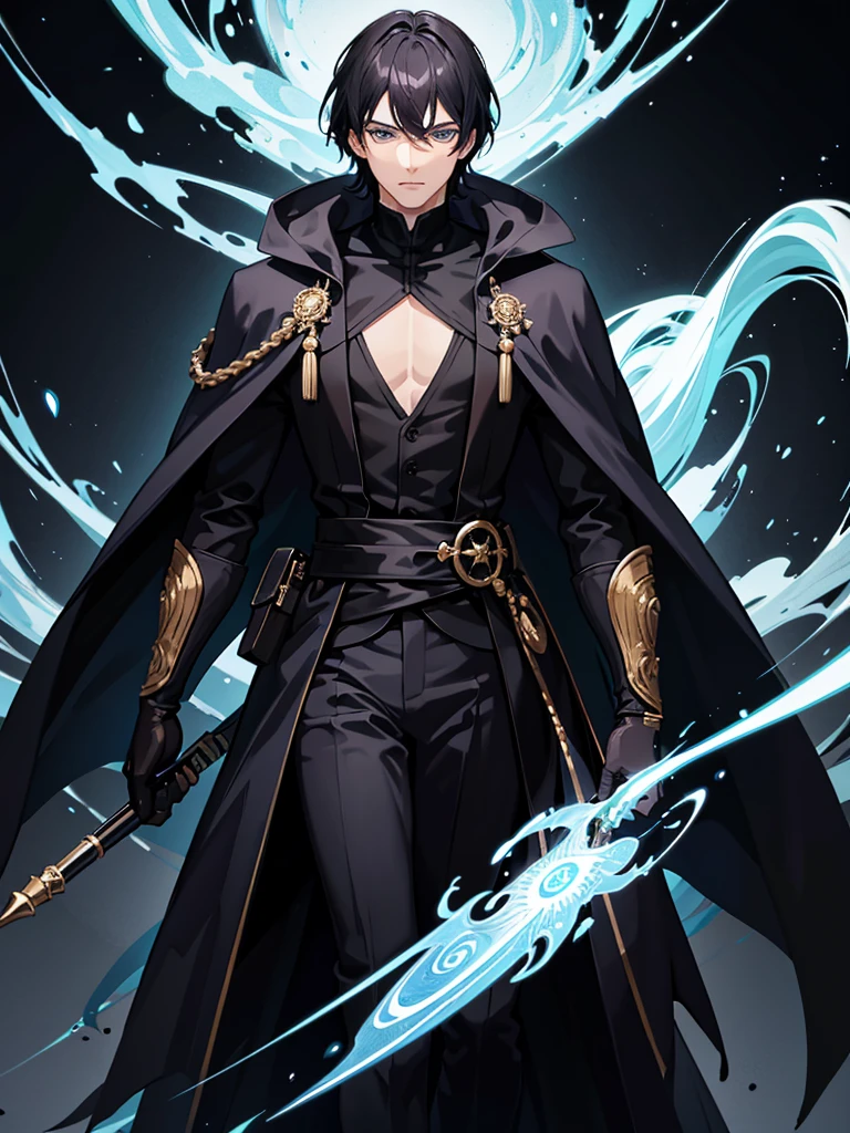 high resolution,(Masterpiece level:1.4),clear and detailed eyes,Awesome details,adult male black hair,short hair,blue eyes,The dignified expression of the nobleman,wearing a black coat,The robe had a silver pattern on it.,Handsome young man thinking,Picture quality up to 8K,Optimal color rendition,best shadow effect,Best quality graphics,full figure