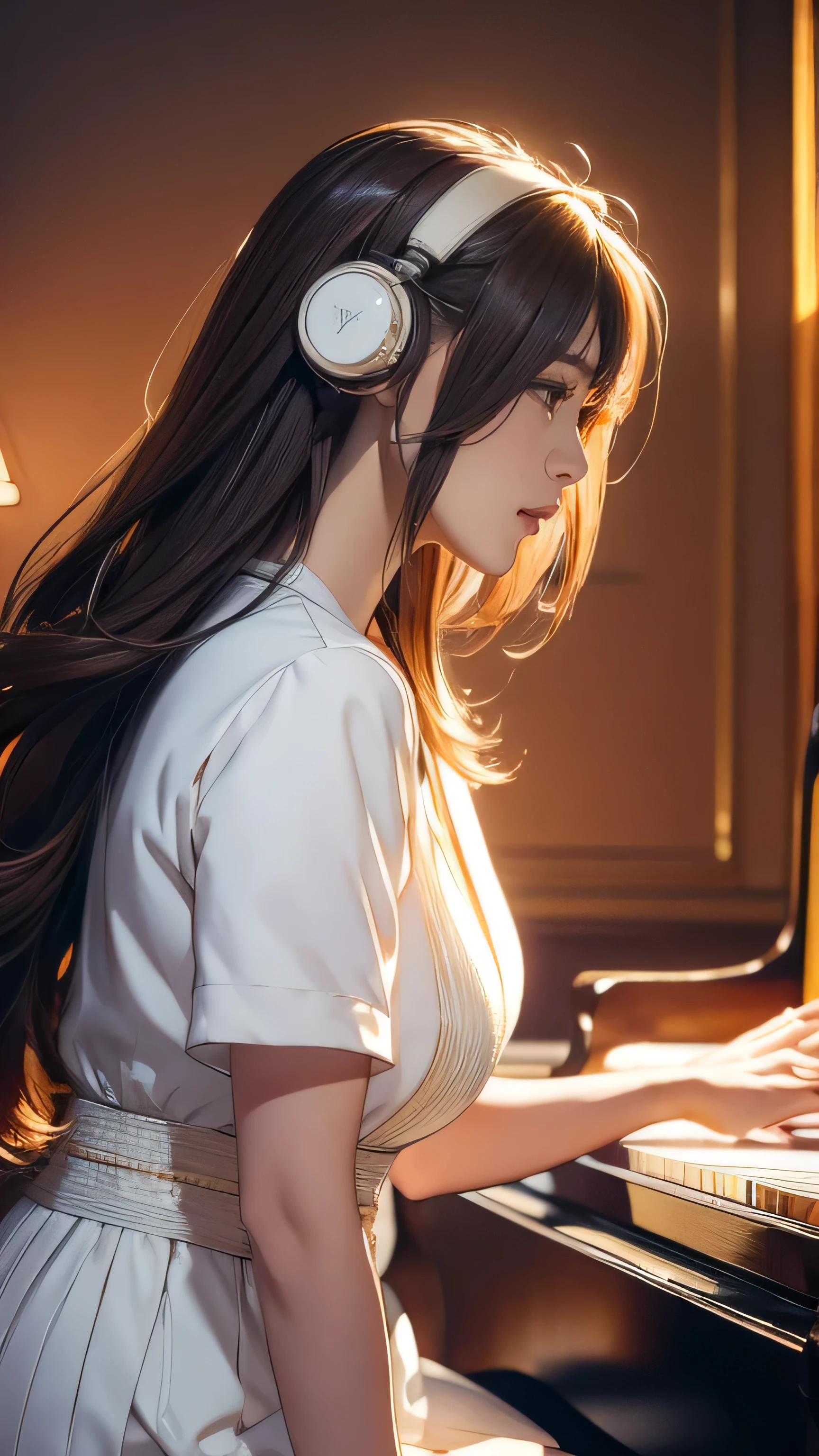 a beautiful anime girl, solo female, wearing headphones, playing the piano, detailed facial features, long hair, elegant dress, intricate background, warm color palette, cinematic lighting, highly detailed, 8k, masterpiece, ultra-detailed, photorealistic, dynamic composition, dramatic pose, emotional expression, delicate hands, glowing effects, cinematic atmosphere, vibrant colors, seamless blend of realism and anime style