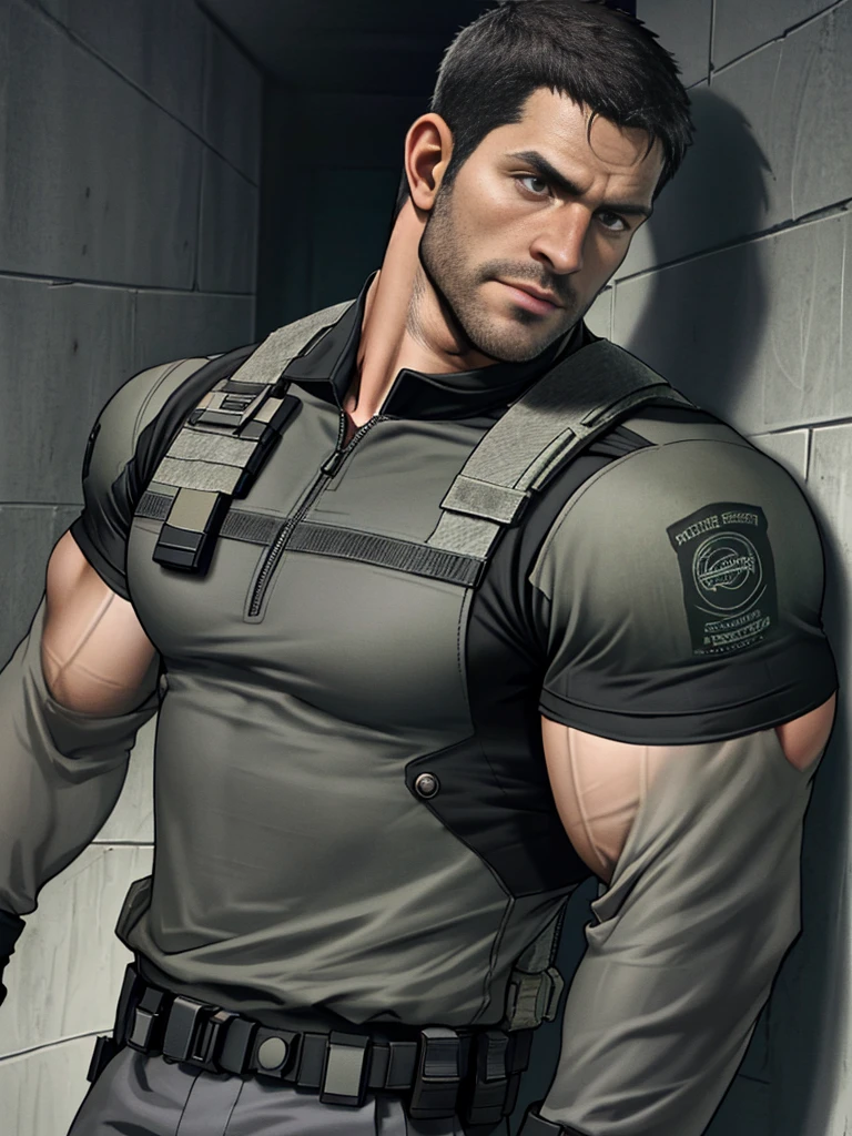 1 man, solo, 35 year old, Chris Redfield, wearing grey T shirt, smirks, black color on the shoulder and a bsaa logo on the shoulder, millitary tactical suit, tall and hunk, biceps, abs, chest, best quality, masterpiece, high resolution:1.2, upper body shot, dark black gloomy hallway in the background, detailed face, shadow, volumetric lighting, upper body shot, low camera angle