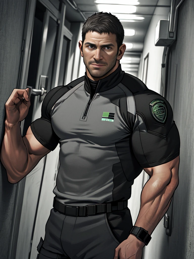 1 man, solo, 35 year old, Chris Redfield, wearing grey T shirt, smirks, black color on the shoulder and a bsaa logo on the shoulder, millitary tactical suit, tall and hunk, biceps, abs, chest, best quality, masterpiece, high resolution:1.2, upper body shot, dark black gloomy hallway in the background, detailed face, shadow, volumetric lighting, upper body shot, low camera angle