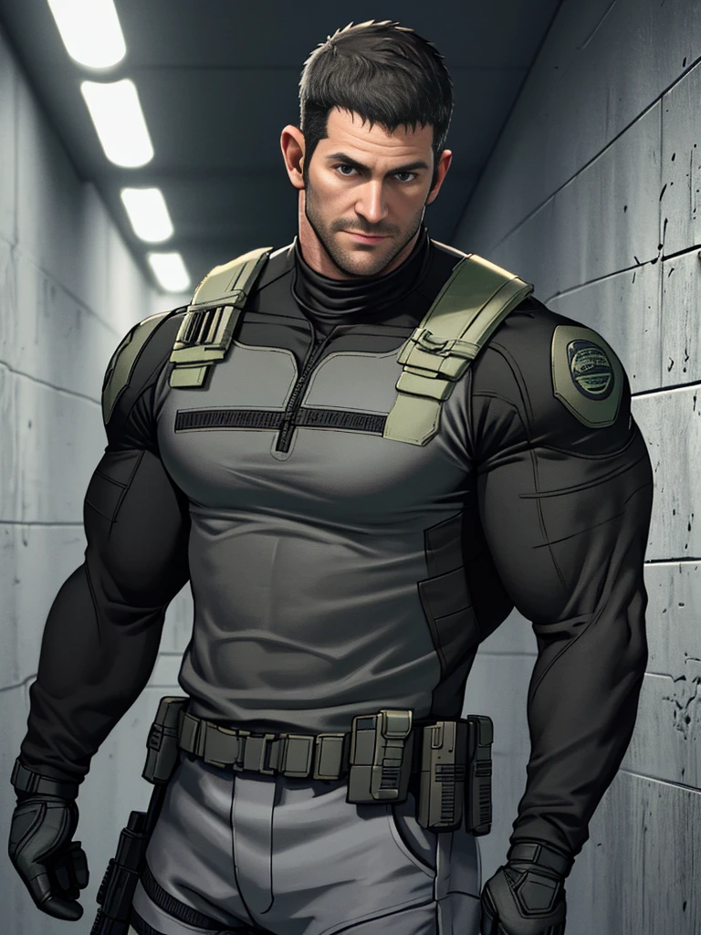 1 man, solo, 35 year old, Chris Redfield, wearing grey T shirt, smirks, black color on the shoulder and a bsaa logo on the shoulder, millitary tactical suit, tall and hunk, biceps, abs, chest, best quality, masterpiece, high resolution:1.2, upper body shot, dark black gloomy hallway in the background, detailed face, shadow, volumetric lighting, upper body shot, low camera angle