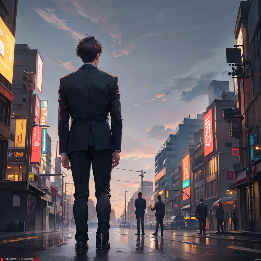 One man with short brown hair wearing a suit, standing with his back turned and facing sideways, in a city at night, (best quality,4k,8k,highres,masterpiece:1.2),ultra-detailed,(realistic,photorealistic,photo-realistic:1.37),hyperrealistic, dramatic lighting, moody atmosphere, cinematic,intricate details,striking cityscape,glowing lights,neon signs,cloudy sky,urban environment,man standing in city street,man in suit,man with short brown hair,man facing sideways,man with back turned,night scene,city at night,dramatic shadows,realistic rendering,professional photography,Half body photo