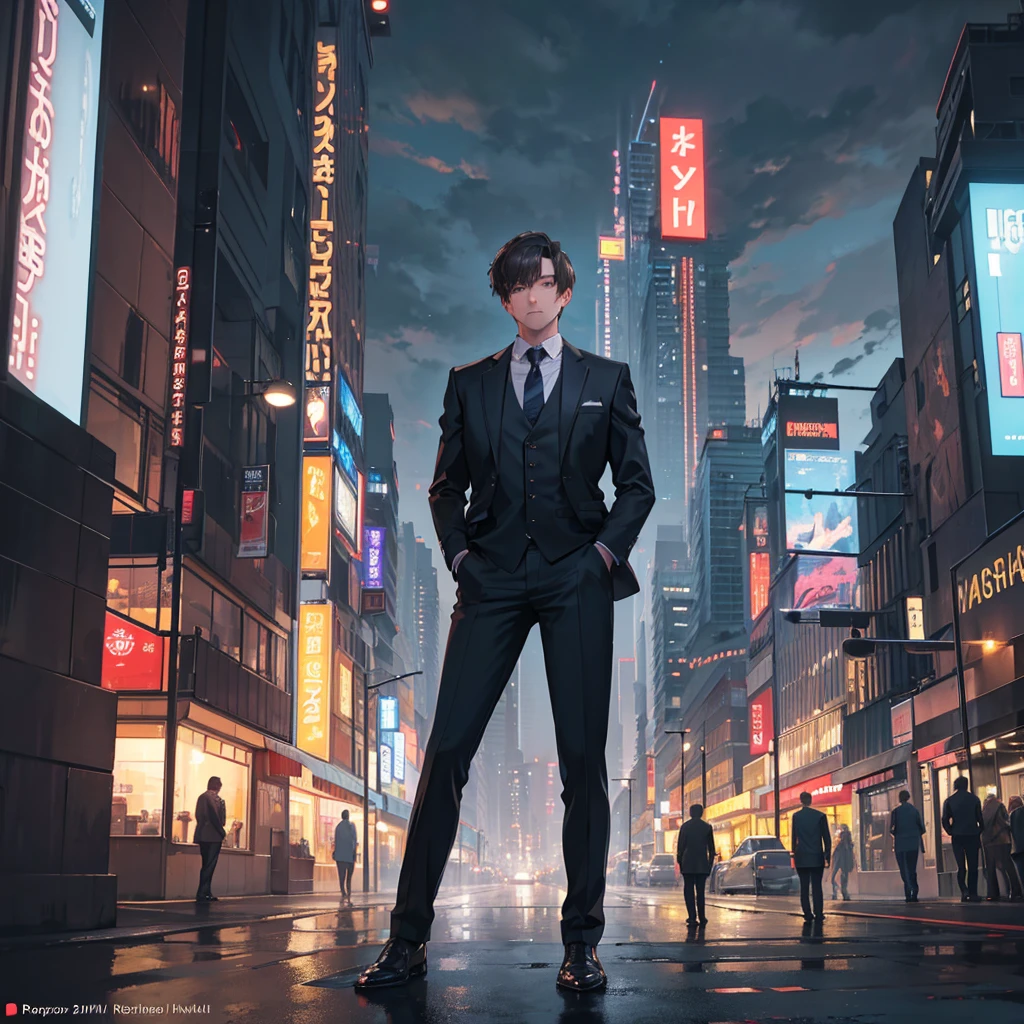 One man with short brown hair wearing a suit, standing with his back turned and facing sideways, in a city at night, (best quality,4k,8k,highres,masterpiece:1.2),ultra-detailed,(realistic,photorealistic,photo-realistic:1.37),hyperrealistic, dramatic lighting, moody atmosphere, cinematic,intricate details,striking cityscape,glowing lights,neon signs,cloudy sky,urban environment,man standing in city street,man in suit,man with short brown hair,man facing sideways,man with back turned,night scene,city at night,dramatic shadows,realistic rendering,professional photography,Half body photo