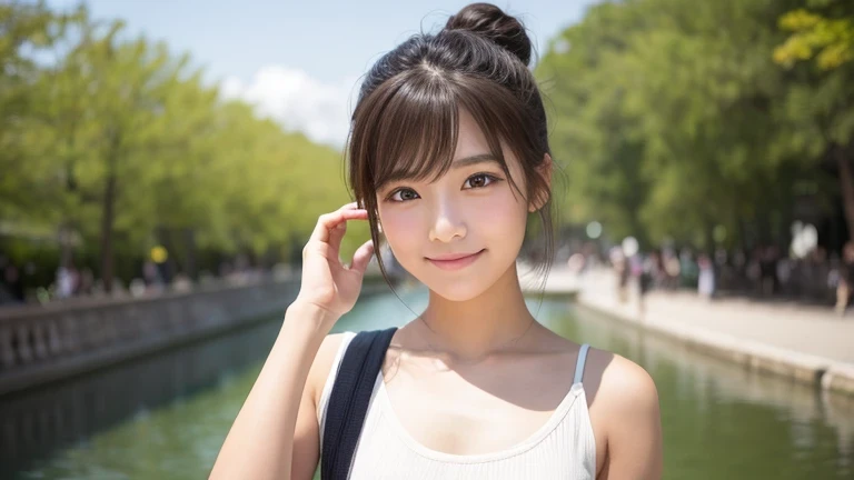 Produce the highest quality and highest resolution 8K images。The model is a 20-year-old Japanese woman.。Draw the whole body of a woman。Please draw an image of a smiling person taking a commemorative photo at a tourist spot.。Please draw the whole body of the model。She has brown eyes and a model figure.、She has an idol-level cute face.。Her hair is in a bun.。Skin has a healthy color。Clothes、I'm wearing early summer clothes。