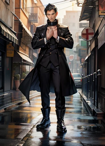 boy, 26 years old, Serious face, Black Hair, Brown eyes, Beautiful face, ((No beard)), Flowing hair, wear ((Black high collar coat)), Grey round neck shirt, Black trousers, High cut boots, Cross your hands over your chest, inflammation, chain, Floating 