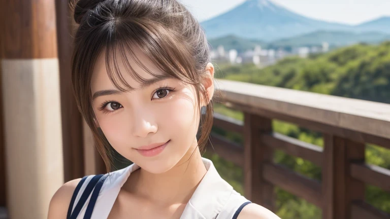 Produce the highest quality and highest resolution 8K images。The model is a 20-year-old Japanese woman.。Draw the whole body of a woman。Please draw an image of a smiling person taking a commemorative photo at a tourist spot.。Please draw the whole body of the model。She has brown eyes and a model figure.、She has an idol-level cute face.。Her hair is in a bun.。Skin has a healthy color。Clothes、I'm wearing early summer clothes。