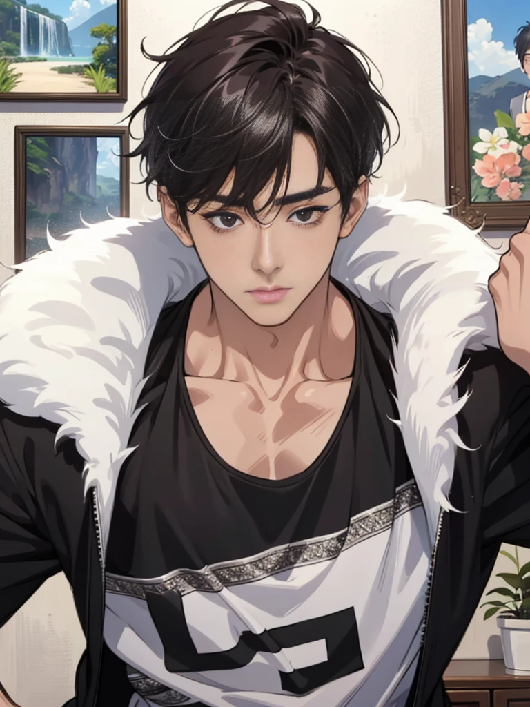  Best quality, High quality, A high resolution, 4K, Masterpiece, detailed face, handsome 29 year old korean man, tank top, he is now at home