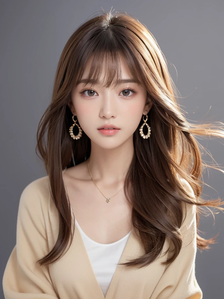  ((Highest quality, 8K, masterpiece:1.3)), concentrate: 1.2, Perfect body beauty: 1.4, Hips: 1.2, ((Long Hair, chest: 1.2)), (Dry clothes: 1.1) , (clear, Simple Background:1.3), Simple clothes: 1.1, Highly detailed face and skin texture,Delicate eyes, double eyelid, Whitened skin, Rough skin、Long Hair、Earrings with bangs、necklace、 solo、Beige coat、White shirt,  (((Beautiful girl with cute Japan)))、  ((Beautiful Japanese girl 20 years old))、 ((Baby Face))、 (((Slender body)))、  Upper Body，Face focus、necklace，Simple Background，From above， Realistic Hair、 A photograph was taken:Canon EOS R6、135mm、1/1250 seconds、f2.8、ISO400、(Detailed explanation of the hand)、(Masseter muscle area)、(Exquisite CG)、Long Hair, loose and curly hair、Korean Hair、Long Hair明るいベージュ色、グラデーションハイライトグレージュのゆるふわLong Hairスタイル、