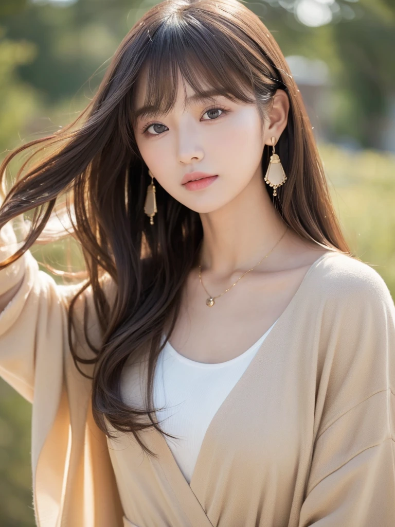 ((Highest quality, 8K, masterpiece:1.3)), concentrate: 1.2, Perfect body beauty: 1.4, Hips: 1.2, ((Long Hair, chest: 1.2)), (Dry clothes: 1.1) , (clear, Simple Background:1.3), Simple clothes: 1.1, Highly detailed face and skin texture,Delicate eyes, double eyelid, Whitened skin, Rough skin、Long Hair、Earrings with bangs、necklace、 solo、Beige coat、White shirt, (((Beautiful girl with cute Japan)))、 ((Beautiful Japanese girl 20 years old))、 ((Baby Face))、 (((Slender body)))、 Upper Body,Face focus、necklace,Simple Background,From above, Realistic Hair、 A photograph was taken:Canon EOS R6、135mm、1/1250 seconds、f2.8、ISO400、(Detailed explanation of the hand)、(Masseter muscle area)、(Exquisite CG)、Long Hair, loose and curly hair、Korean Hair、Long Hair明るいベージュ色、グラデーションハイライトグレージュのゆるふわLong Hairスタイル、