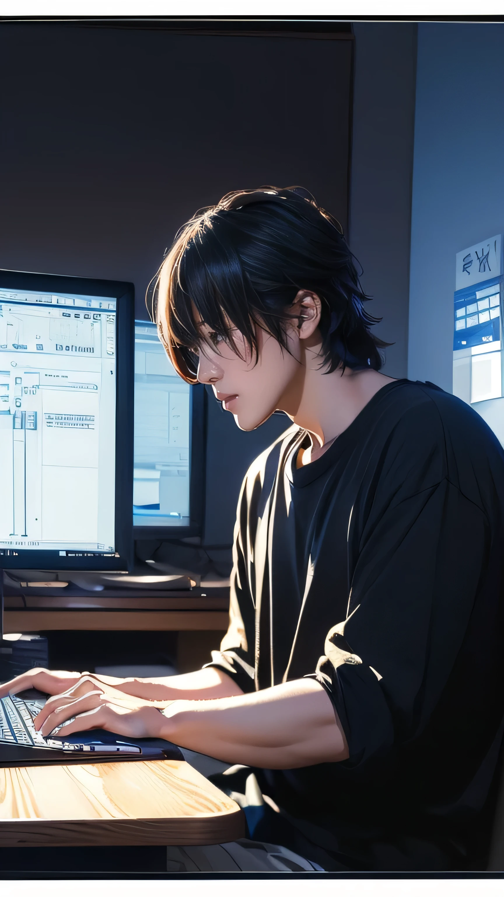 (masterpiece, highest quality, in 8k, super detailed, high resolution, anime style, absolutely), (alone:1.5), handsome man, computer programming, programming text on monitor, keyboard typing