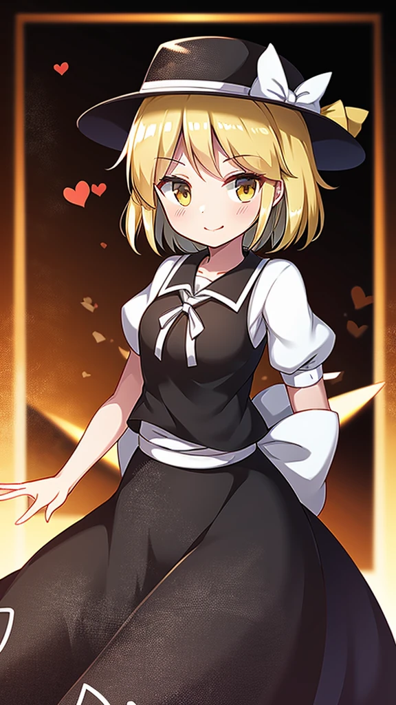 1girl, , , masterpiece, best quality, 10 years old, medium blonde hair, forehead visible bags, yellow eyes, hat, heart, black headwear, puffy short sleeves, log black skirt, heart hads,,1girl, solo, yellow eyes, yellow hair, bow, hat bow, socks, black footwear, black skirt, short sleeves, yuki (touhou), black vest, white sleeves, frill skirt, light smile