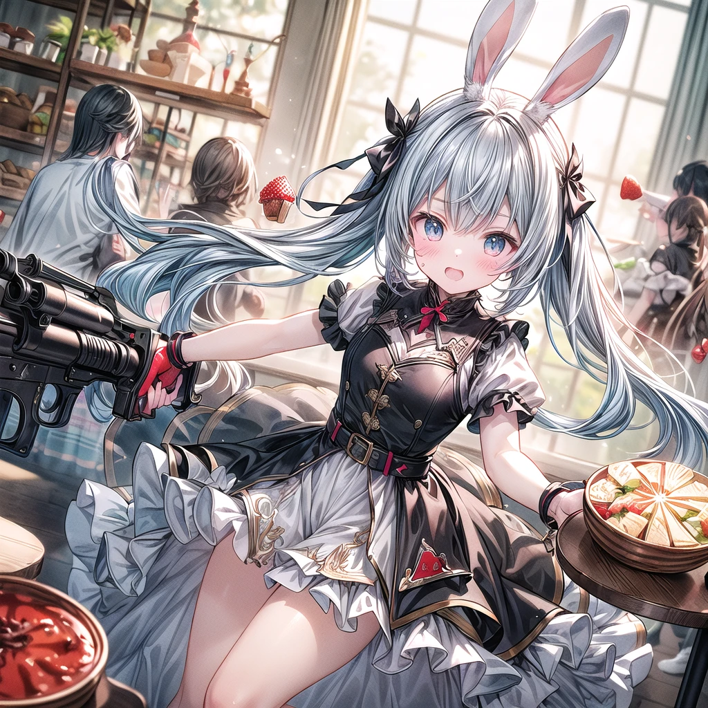 1girl、Dynamic composition、[17277fbe68],minaba hideo、High quality、Maximum detail、(((Highest quality、最高masterpiece、Official Art、The best dynamic composition)))、(Fine hair)、(Tabletop, Highest quality), Super detailed, Anime Style, whole body, (masterpiece), Highest quality, Fantasy art, many s in red Food and dress holding weapon at wonderland, (((everyone wearing red Food))), Bunny ears, Ammunition belt, gun, machine gun, gatling gun, hand gun,weapons, (red_Food:1.5)、whole body、masterpiece、Highest quality、(colorful)、（Beautifully detailed eyes and face）、Cinema Lighting、Highly detailed CG、Super huge、whole body、wallpaper、