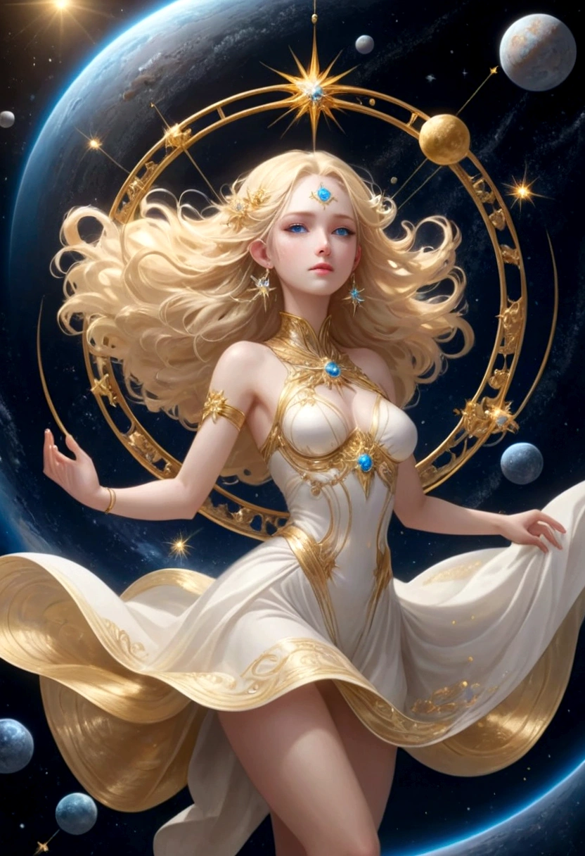 (masterpiece、Highest quality、High resolution、8k)、Alone in space、The most beautiful goddess in the universe、Standing posture、(whole body、Super beautiful、Perfect figure)、White Dress、Blonde Hair、Beautiful Blue Eyes、Graceful operation、Gold and diamond ornament、(Floating in space like a star、Floating、Floating)、(金色の光がwhole bodyを包んでいる)、The universe is full of light、The Universe is Infinite、The background is a myriad of stars and nebulae、