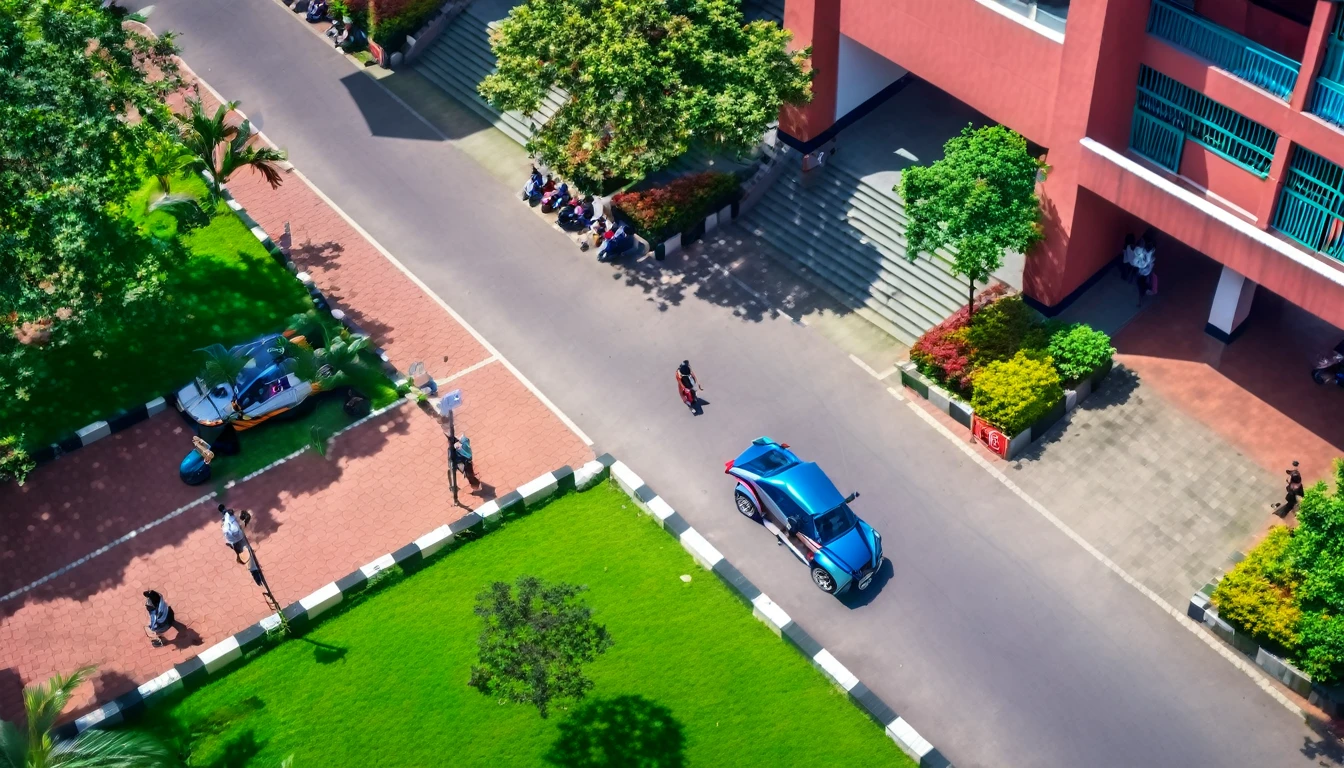Establishing wide shot from above of college campus in Dhaka during the day. Mix of modern and traditional vehicles parked. In the foreground, a 20-year-old Bangladeshi man stands on the sidewalk, watching a girl on a red scooter. The atmosphere is lively and energetic.