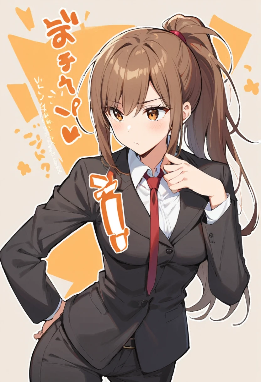 1 Girl, suit, office lady, Black trousers, Black blazer, Brown Hair, Long Hair, teenager, ponytail, Cover your nose with your hand