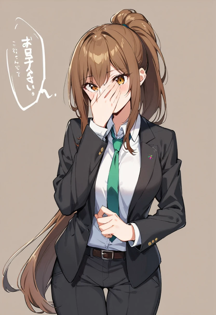 1 Girl, suit, office lady, Black trousers, Black blazer, Brown Hair, Long Hair, ager, ponytail, Cover your nose with your hand