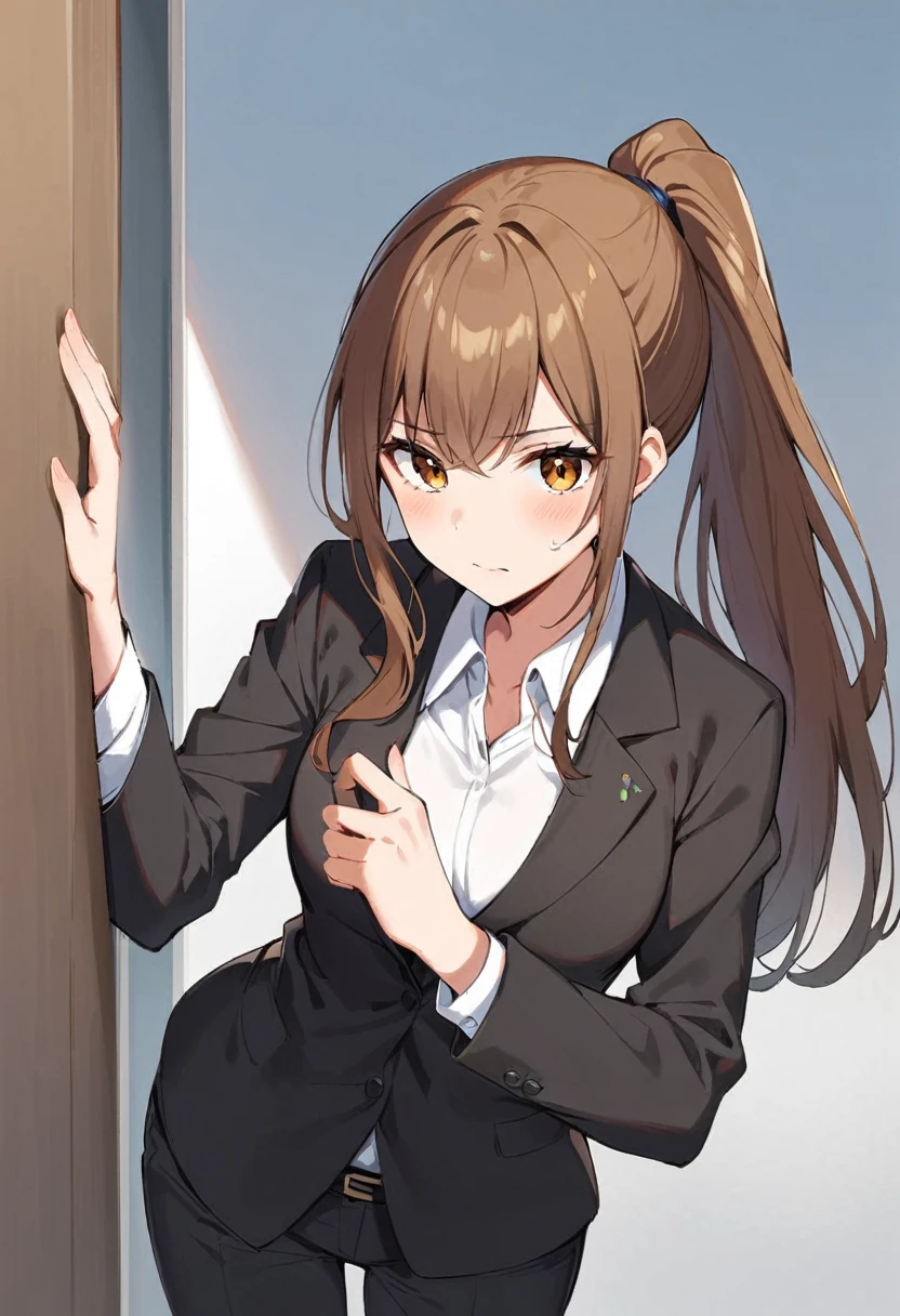 1 Girl, suit, office lady, Black trousers, Black blazer, Brown Hair, Long Hair, teenager, ponytail, Cover your nose with your hand