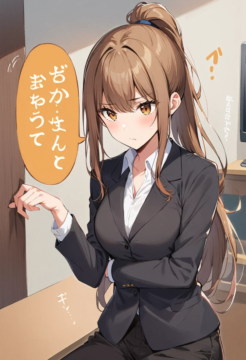 1 Girl, suit, office lady, Black trousers, Black blazer, Brown Hair, Long Hair, ager, ponytail, Cover your nose with your hand