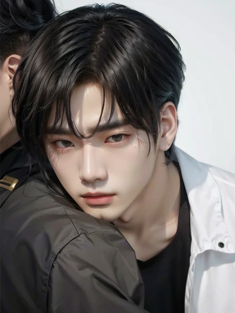 son dos hombres de pelo negro y uno lleva una chaqueta blanca, young pale angel, Jinyoung Shin, inspirado en Yanjun Cheng, inspirado en jeonseok lee, yanjun chengt, Inspirado por Zhang Han, chico guapo en el arte de Demon Slayer, realista. ChengYi, inspirado en Bian Shoumin, buena cara, por Yang J., malvado ulzzang