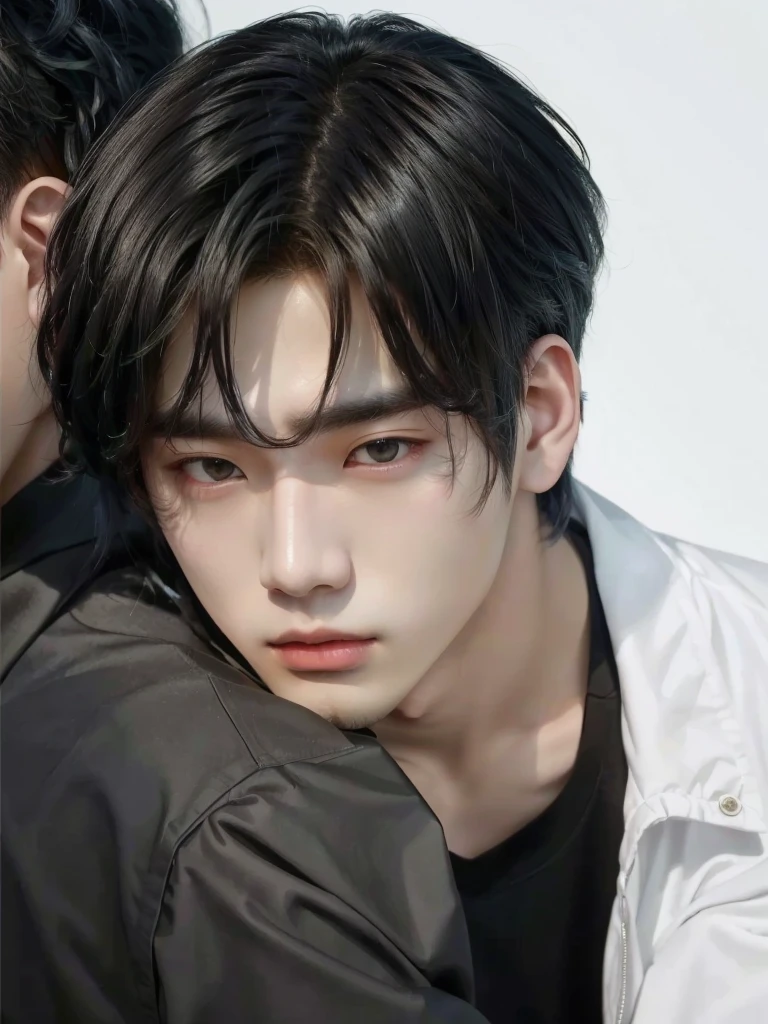 son dos hombres de pelo negro y uno lleva una chaqueta blanca, young pale angel, Jinyoung Shin, inspirado en Yanjun Cheng, inspirado en jeonseok lee, yanjun chengt, Inspirado por Zhang Han, chico guapo en el arte de Demon Slayer, realista. ChengYi, inspirado en Bian Shoumin, buena cara, por Yang J., malvado ulzzang