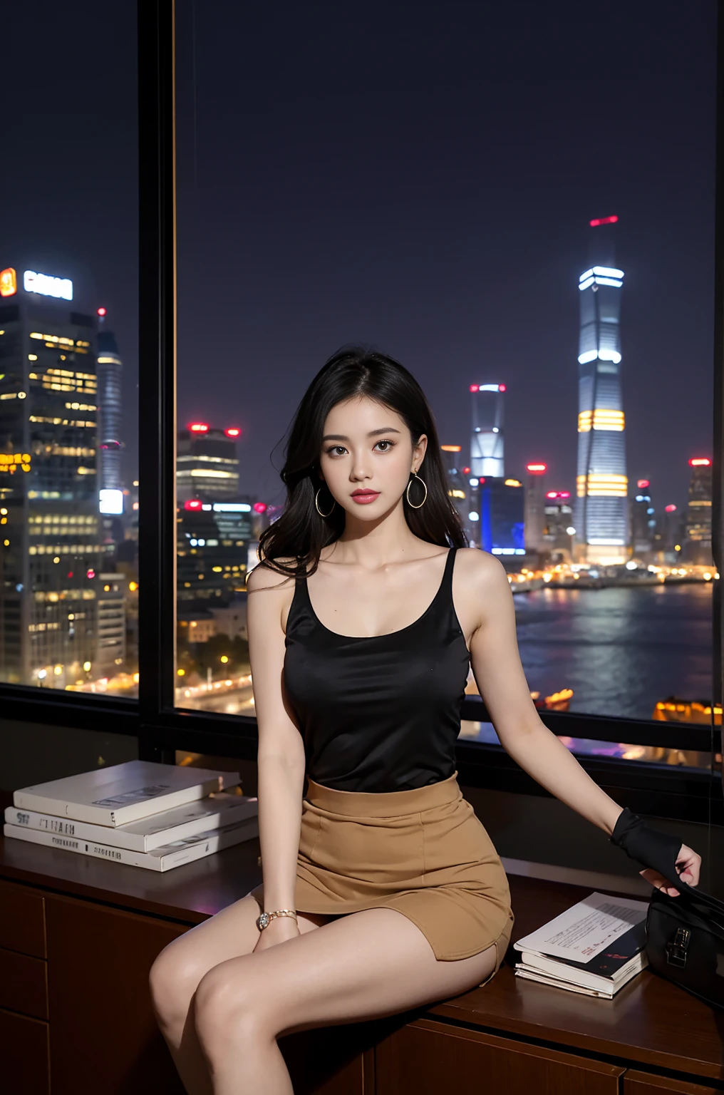 in the office,a young beautiful lady,Wear professional attire,suit,sport tanktop,slit covered skirt。Bigger and wider hips,thin waist,some。Dressed up with jewelry,earrings,watch,High heel,black stockings。Painted with light makeup,beautiful eyeeautiful lips,very beautiful,Very temperamental。sitting at desk,camel toe,Look at the file,at Bedroom。Background modern city office buildings,Very modern,There a lot of space,Outside the window the night view of the city,Modern Shanghai city night view。8 p.m,City neon lights flashing。Professional lighting effectovie shot,intricate details,The best resolution,masterpiece。