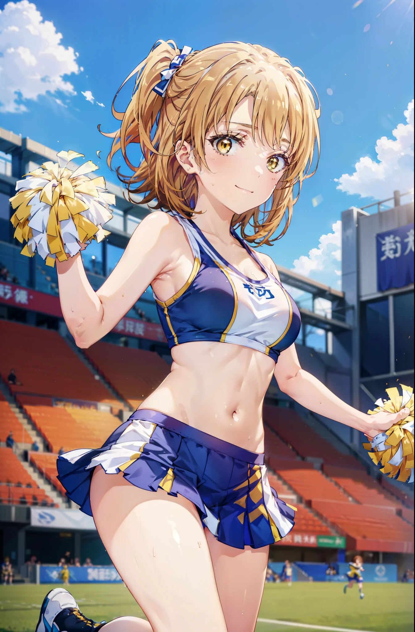irohaisshiki, iroha isshiki, short hair, brown hair, (Brown eyes:1.5), smile,happy smile, smile, Open your mouth,(cheer leading), (whole body), Big Breasts, Lower, (Sweaty), Sweaty Wet Clothes, (Yellow clothes),No sleeve,Yellow pleated skirt,sneakers , Belly button support, playground, (Jump), (Jump), 足を曲げてJumpする, air, blue sky, Grass原, smile
チアリーダー, Pom-pom \(cheer leading\), Grass, smile, whole bodyがイラストに入るように,
break outdoors,Stadium,
break looking at viewer,whole body,
break (masterpiece:1.2), Highest quality, High resolution, unity 8k wallpaper, (shape:0.8), (Fine and beautiful eyes:1.6), Highly detailed face, Perfect lighting, Highly detailed CG, (Perfect hands, Perfect Anatomy),