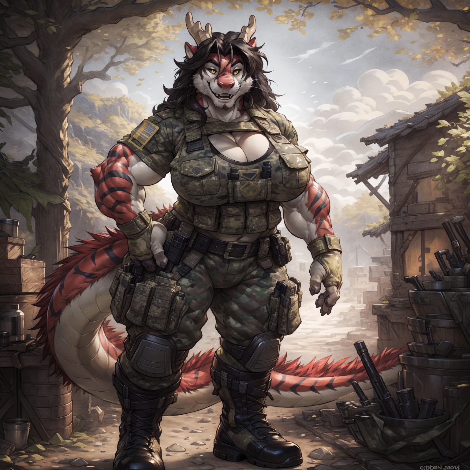 solo, 1girl, red Dragon, eastern dragon, female, broad shoulders, stocky build, buff, muscular, large breasts, gold eyes, highly detailed eyes, long whiskers, Amazon, powerful figure, wearing camouflage_uniform, (monochrome uniform:1.2), military camp, rolled sleeves, shirt, cleavage, standing upright, combat boots, full body, smiling, friendly, looking at viewer, realistic lighting, by darkgem, by wfa, by gideon,