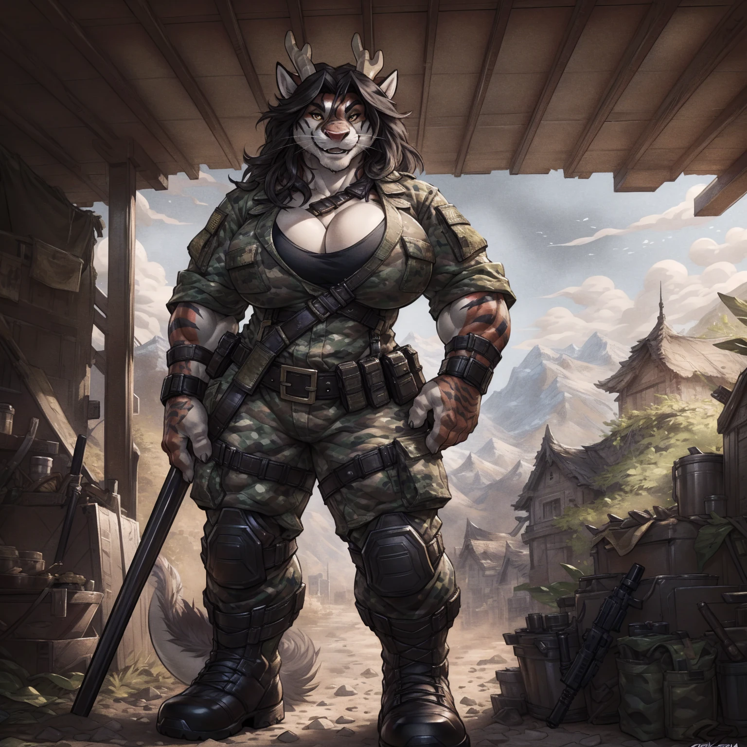 solo, 1girl, red Dragon, eastern dragon, female, broad shoulders, stocky build, buff, muscular, large breasts, gold eyes, highly detailed eyes, long snout, Amazon, powerful figure, wearing camouflage_uniform, (monochrome uniform:1.2), military camp, rolled sleeves, shirt, cleavage, standing upright, combat boots, full body, smiling, friendly, looking at viewer, realistic lighting, by darkgem, by wfa, by gideon,