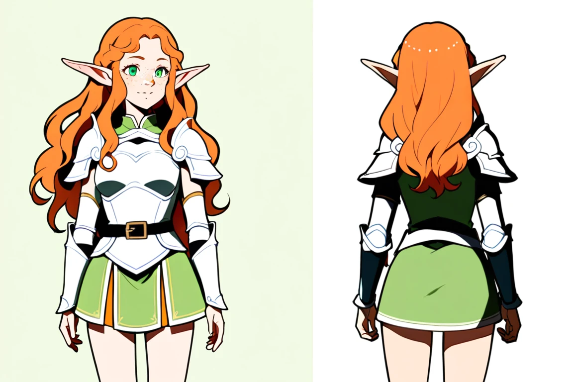 (The same character,front,side,back),Simple background,(whole body)girl,Orange hair,Long curly hair,Green eyes,Look ahead,Wearing armor,Freckles on the face,Elf ears,Short skirt,whole body像,Equal proportions,The same clothes,有frontsideback