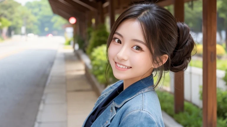 Produce the highest quality and highest resolution 8K images。The model is a 20-year-old Japanese woman.。She has brown eyes and a model figure.、She has an idol-level cute face.。The hair is in a ponytail。Skin has a healthy color。Clothes、６Dressed for the month。She is smiling and posing for the camera。