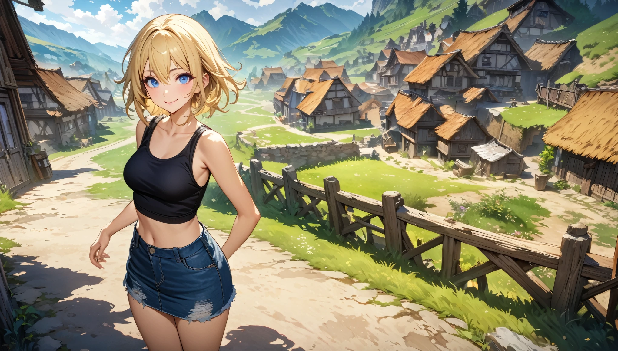 blue eyes, blonde hair, Makeup (Messy), (extremely detailed CG unity 4k wallpaper),(masterpiece),(best quality),(ultra-detailed),(best illustration),(best shadow),(absurdres),(detailed background), village, Short blonde hair (very Messy), Croptop tank top (filthy), denim short skirt (filthy), standing, smile