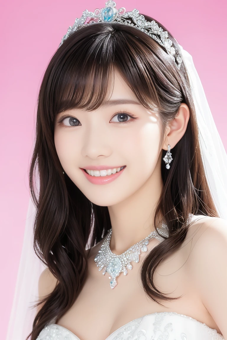 (Highest quality、Tabletop、8k、Best image quality、Award-winning works)、One beautiful bride、(alone:1.1)、(The most extravagant and gorgeous huge pure white wedding dress:1.1)、(Perfect Wedding Lace:1.2)、(The most gorgeous and luxurious giant tiara:1.3)、(The most extravagant and luxurious giant necklace:1.3)、(Huge jeweled tiara:1.3)、(Cleavage:1.1)、(Large Breasts:1.1)、Smiling widely and showing off beautiful teeth、Look at me with your best smile、The finest jewellery decoration、Perfect Makeup、Long eyelashes、Ultra HD Shining Eyes、Ultra HD Hair、Ultra-high resolution glossy lips、Ultra High Resolution Perfect Teeth、Super high resolution beautiful face、(Accurate anatomy:1.1)、Very bright and beautiful skin、very bright and vivid、Beautiful glossy lips、Perfect beautiful bridal hairstyles、(Front facing body:1.1)、(Solid pink background:1.2)、(Upper body photo:1.3)