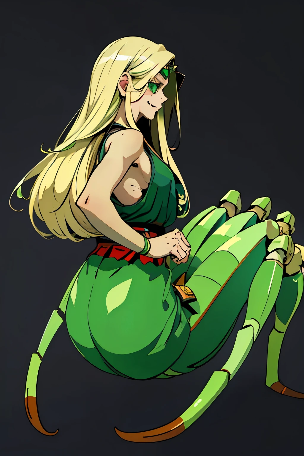 1girl, young, , 6 years i, komusume, flat chest, blonde long hair, green clothes, green eyes, innocent expresion, smiling, arachnid style, spider body, background filled fumes, background filled with greek columns, Tartarus scenery, in Tartarus, surrounded by giant greek columns, greek scenery and furniture, detailed background, main character, hades style, Arachne, spider legs coming from her back