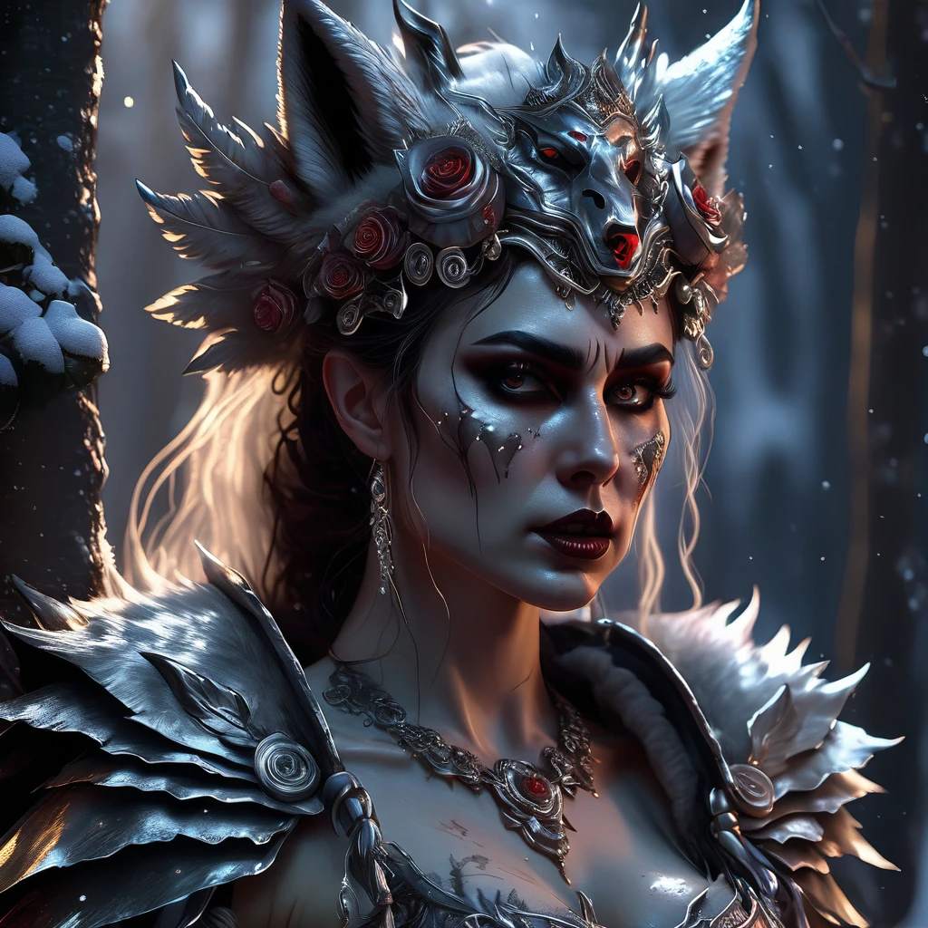 4k highly detailed realistic digital extremely high quality RAW photograph, a portrait photo of Undead Bride that lived with wolves her whole life is now leading them to battle. torn clothes exposing (nude:1.4) body, armored pauldrons, fangs, curled horns, big breasts, ((snow and blood)), ((wolf tattoos)), epic, hyperrealistic, hyperrealism, 8k, cinematic lighting, greg rutkowski, wlop, (f1.8 short focus bokeh)