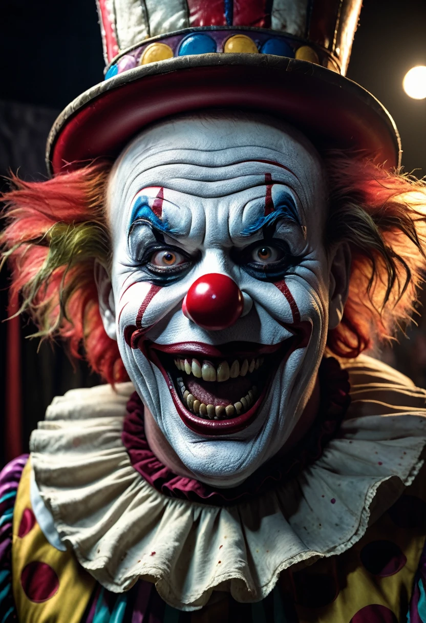 photorealistic abomination circus clown, extremely detailed face and eyes, high quality 8k, HDR, macro, horror, dark color tone, chiaroscuro lighting, surreal, twisted, unsettling, grotesque, nightmarish, creepy, disturbing, unsettling, twisted, sinister, deranged, haunting, haunting expression, sinister grin, unnatural proportions, unnatural features, inhuman, uncanny, dark fantasy, horror elements, horror inspired, distorted, distressing, disquieting, unnerving, disquieting, discomforting, disquieting, disquieting, disquieting, discomforting, disquieting, discomforting, disquieting, discomforting