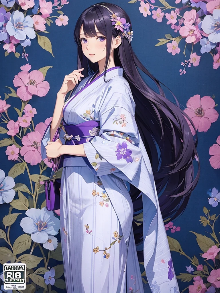 A feminine illustration of an anime Lady in blue furisode  walking towards us, holding a small handbag with morning glory pattern on the front cover page. The background is purple striped wallpaper with pastel purple flowers and large floral patterns scattered around her. She has long hair styled to one side, 