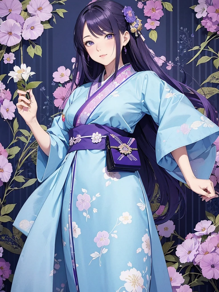 A feminine illustration of an anime Lady in blue furisode  walking towards us, holding a small handbag with morning glory pattern on the front cover page. The background is purple striped wallpaper with pastel purple flowers and large floral patterns scattered around her. She has long hair styled to one side, 