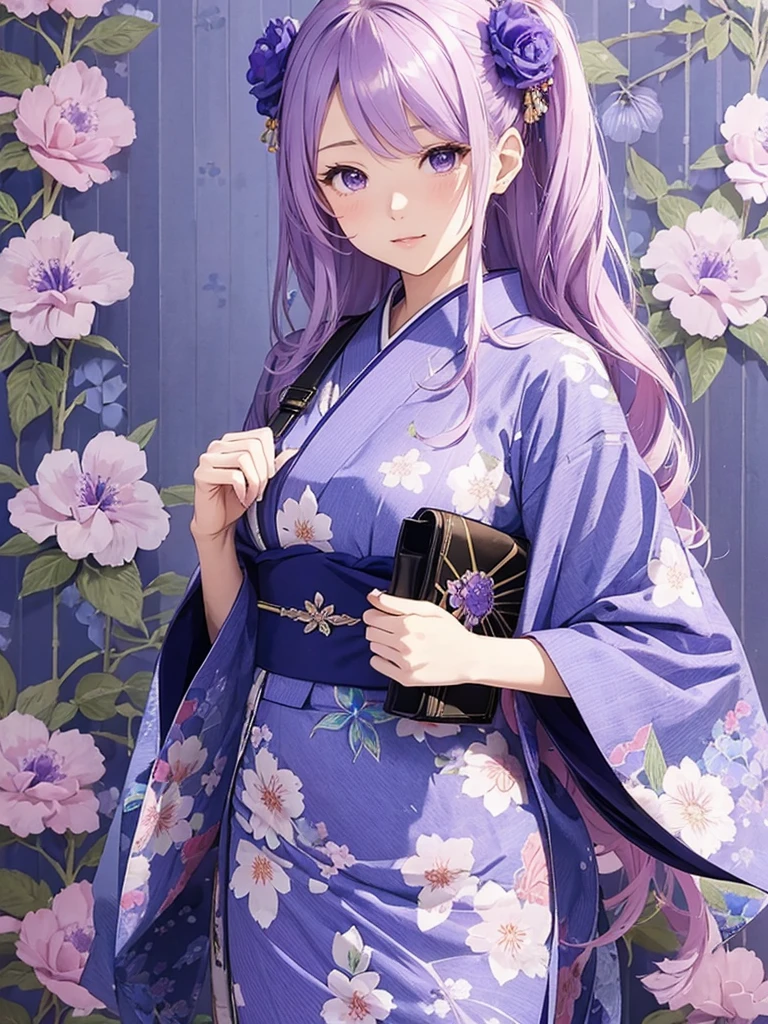 A feminine illustration of an anime Lady in blue furisode walking towards us, holding a small handbag with morning glory pattern on the front cover page. The background is purple striped wallpaper with pastel purple flowers and large floral patterns scattered around her. She has long hair styled to one side,