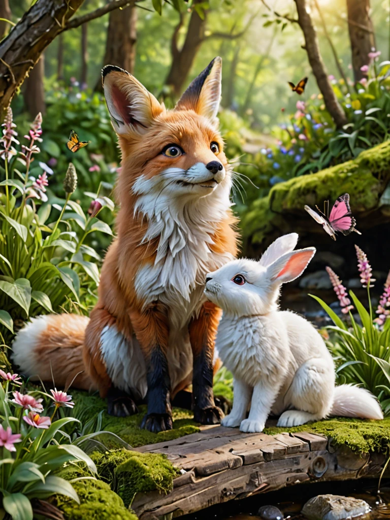 A high-resolution image featuring a realistic of big red (1fox) and little white (1rabbit) in a cheerful and happy setting. The rabbit, with soft white fur and pink-tinted ears, stands upright, its eyes bright and expressive. The fox, with a lush red coat and a bushy tail, sits nearby, displaying a playful demeanor. The scene is set in a softly lit forest clearing, with golden sunlight filtering through the trees, creating shimmering highlights and emphasizing the animals’ fur. The background is detailed with vibrant green foliage, scattered wildflowers, and additional elements like fallen leaves, soft grass, and small bushes, adding richness and natural beauty. A small wooden bridge or moss-covered rock could be included to enhance the scene’s charm. The overall mood is one of natural joy and tranquility, with butterflies fluttering around and small birds hopping nearby. The design style is reminiscent of a fairytale, with harmonious and beautiful natural elements. The high-detail depiction of the animals’ fur and the sharp, realistic presentation of the grass, leaves, and wildflowers create a vivid and lifelike atmosphere.
