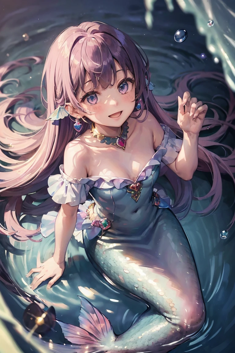 ((masterpiece, highest quality)), ((mermaid)),1 girl, pink wavy long hair, purple eyes, open mouth, smiling, happy, cute, shining crystal earrings, rainbow colors, looking at viewer, looking ahead, from above, underwater, bubbles, sunlight streaming in
